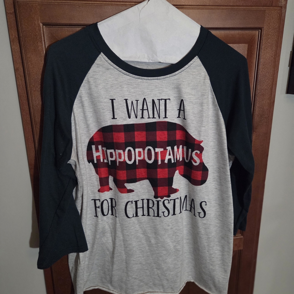 Christmas Hippo Shirt - Green and Gray